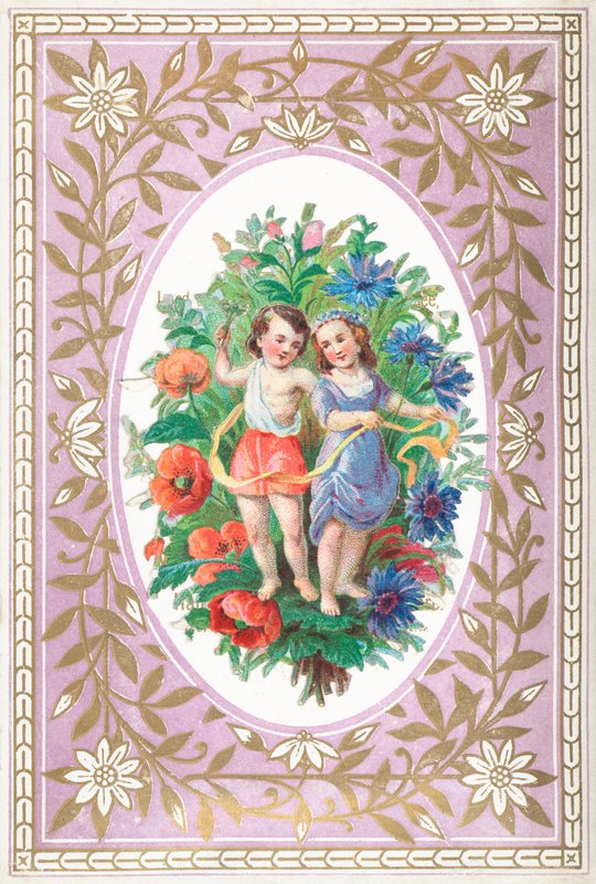 Jeune fille et garçon avec des fleurs et des rubans, carte - English School