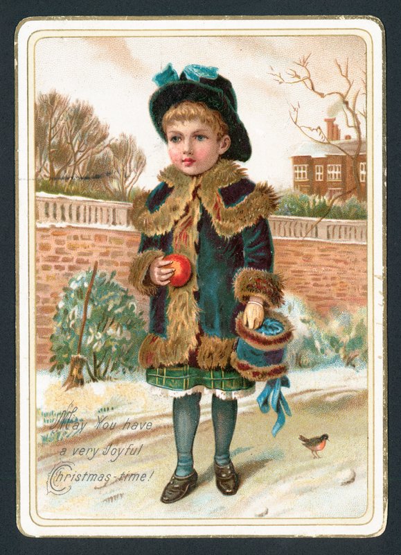 Jeune fille tenant un manchon en fourrure et une pomme, Carte de Noël - English School