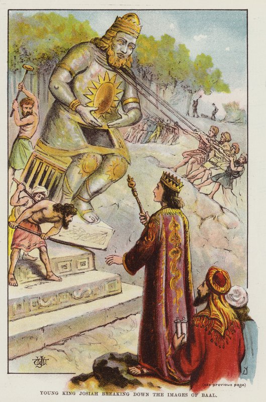 Le jeune roi Josias détruisant les images de Baal (lithographie en couleur) - English School