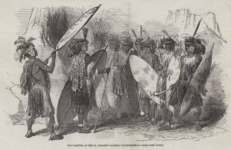 Kaffirs zoulous à la galerie St George, Knightsbridge (gravure) - English School