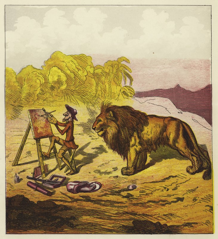 John Bold surpris par un lion en train de peindre - Ernest Henry Griset