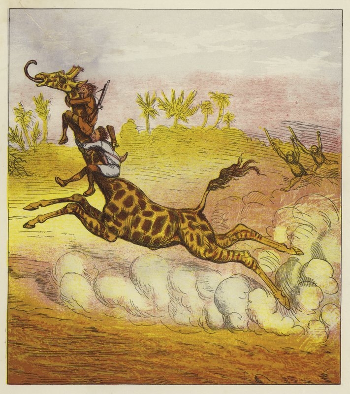 Les frères Bold échappent aux gorilles en chevauchant une girafe - Ernest Henry Griset