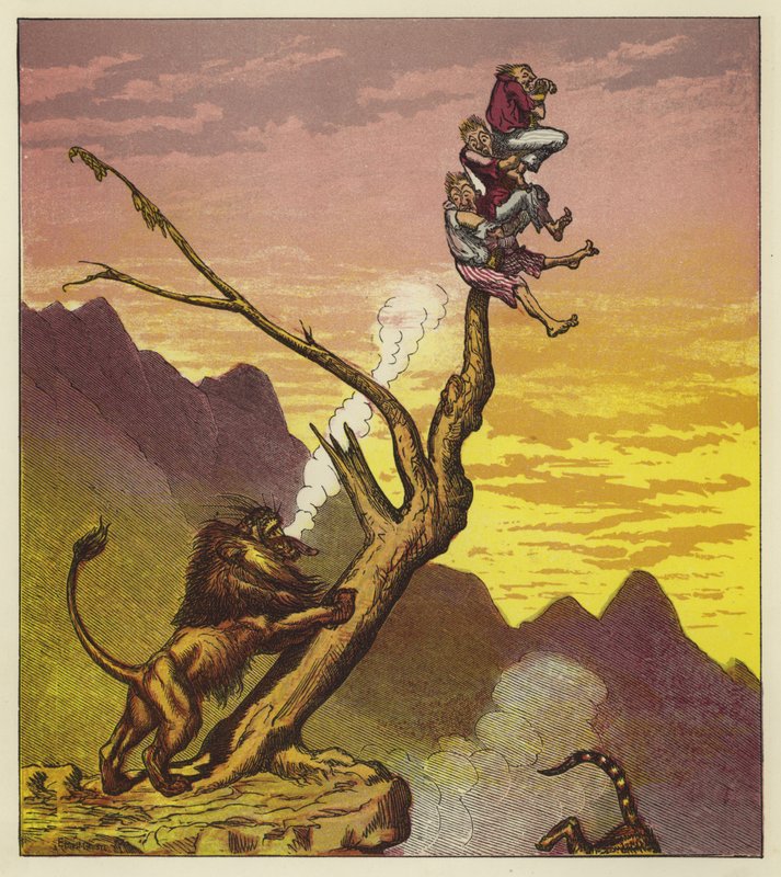 Les trois marins échappent à un lion en grimpant à un arbre - Ernest Henry Griset
