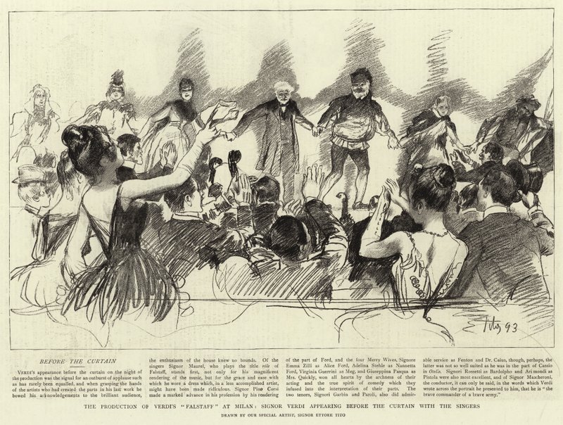 La production de Falstaff de Verdi à Milan, Signor Verdi apparaissant devant le rideau avec les chanteurs - Ettore Tito