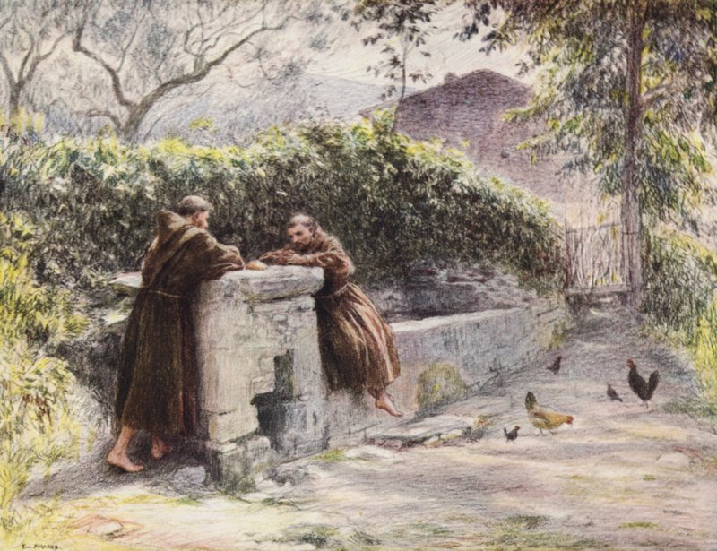 Le repas de Saint François et du frère Masseo à la fontaine, Saint François loue la pauvreté - Eugene (after) Burnand