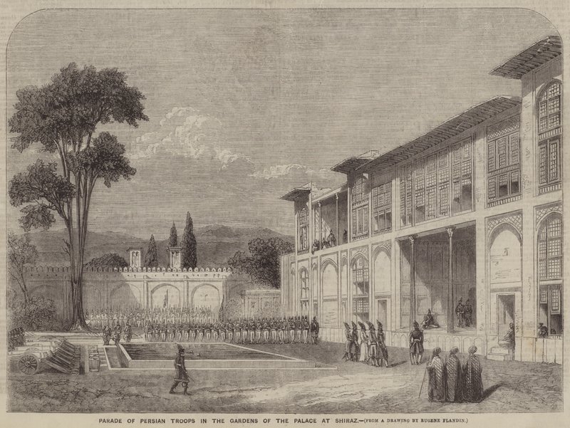 Parade des troupes perses dans les jardins du palais à Chiraz - Eugene Flandin