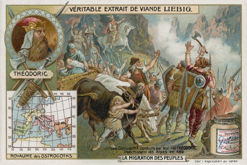 Les Ostrogoths, menés par leur roi Théodoric, traversant les Alpes, 489 - European School