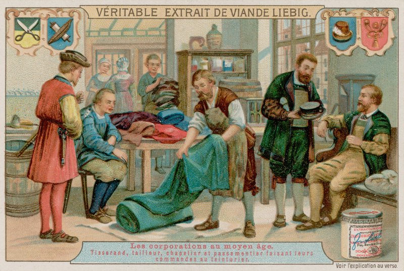 Un tisserand, tailleur, chapelier et fabricant de tresses passent leurs commandes à un teinturier - European School