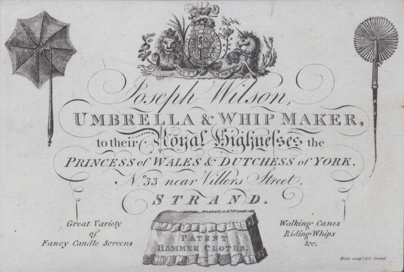 Publicité pour Joseph Wilson, fabricant de parapluies et de fouets, Londres - European School
