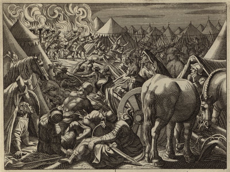 Attaque sur le camp de Madian par les 300 soldats choisis par Gédéon (gravure) - European School