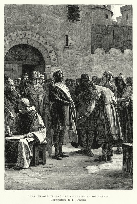 Charlemagne tenant une assemblée de son peuple (gravure) - European School