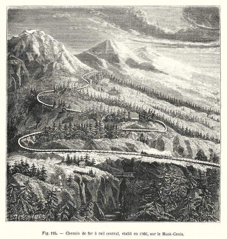 Chemin de fer à rail central, établi en 1866, sur le Mont-Cenis (gravure) - European School