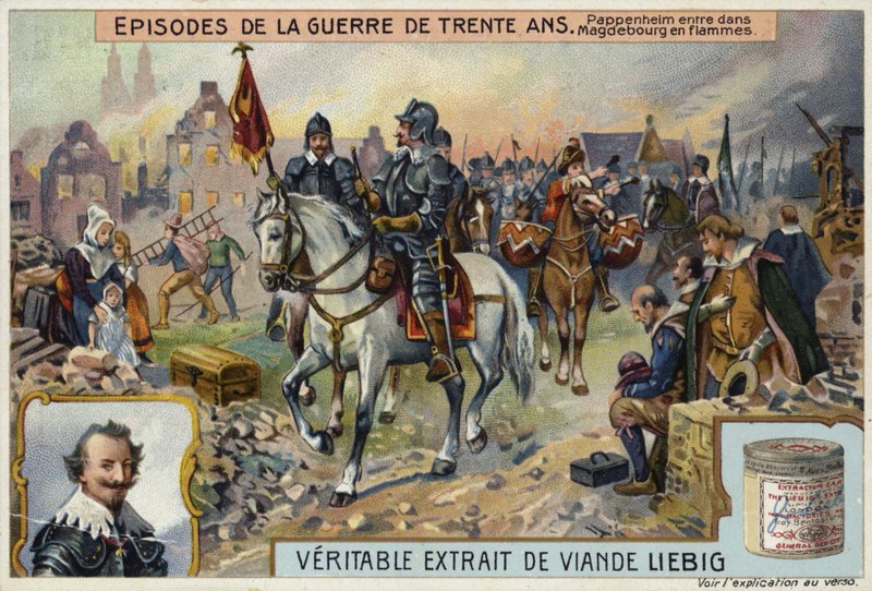 Le comte Gottfried de Pappenheim entrant dans la ville en flammes de Magdebourg, Allemagne, 1631 - European School