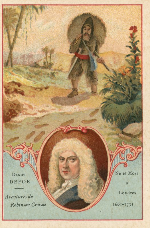 Daniel Defoe, romancier anglais, et une scène de Robinson Crusoé - European School