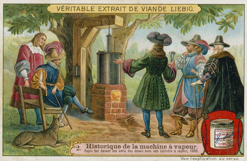 Denis Papin effectuant des essais de son moteur à piston à vapeur devant ses amis, Marburg, Allemagne, 1690 - European School