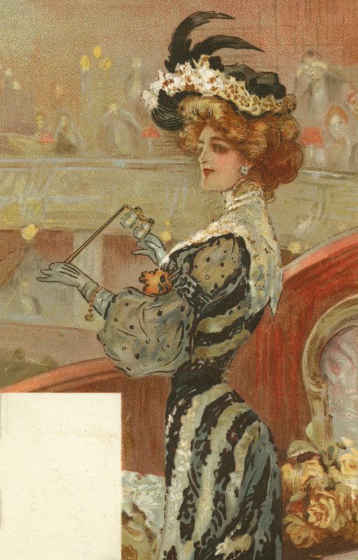 Femme élégante au théâtre (lithographie couleur) - European School