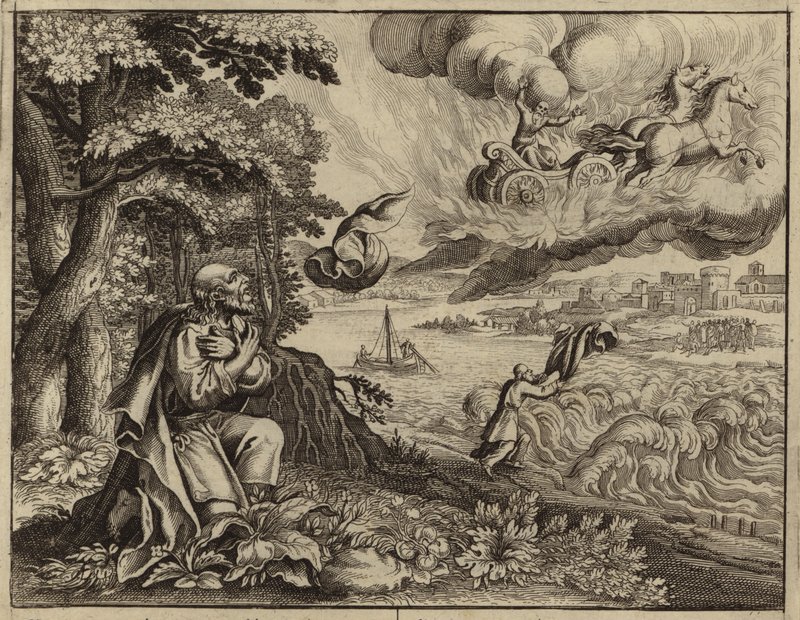 Élisée regardant son père Élie emporté au ciel par un tourbillon (gravure) - European School