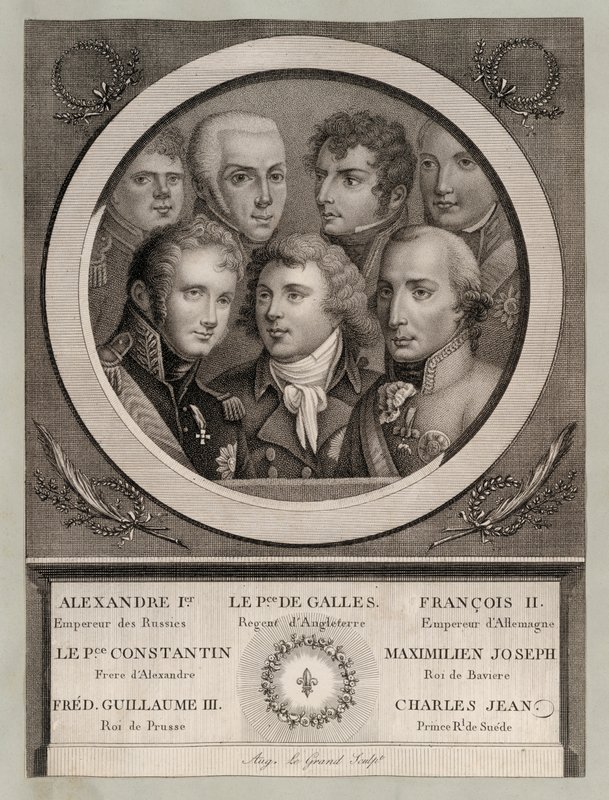 Royauté européenne du début du 19e siècle : Tsar Alexandre Ier de Russie ; George, Prince de Galles, Régent du Roi George III ; François II, Empereur du Saint-Empire romain germanique ; Grand-duc Constantin Pavlovitch de Russie ; Maximilien Joseph, Roi de  - European School