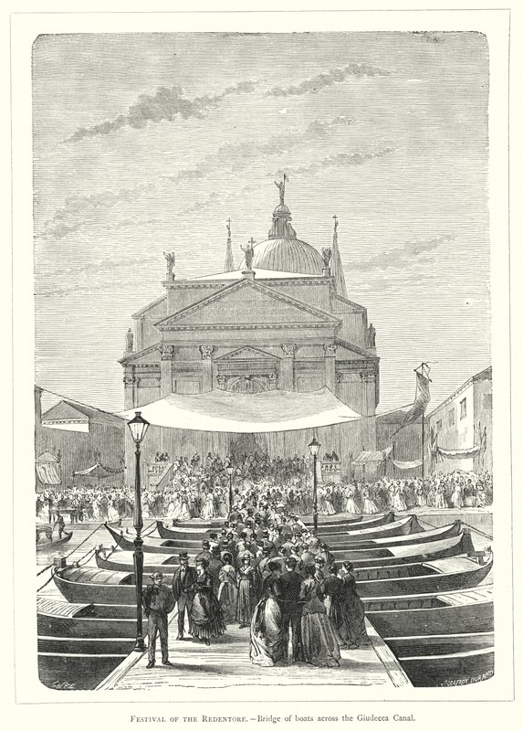 Festival du Redentore, Pont de bateaux sur le canal de la Giudecca (gravure) - European School
