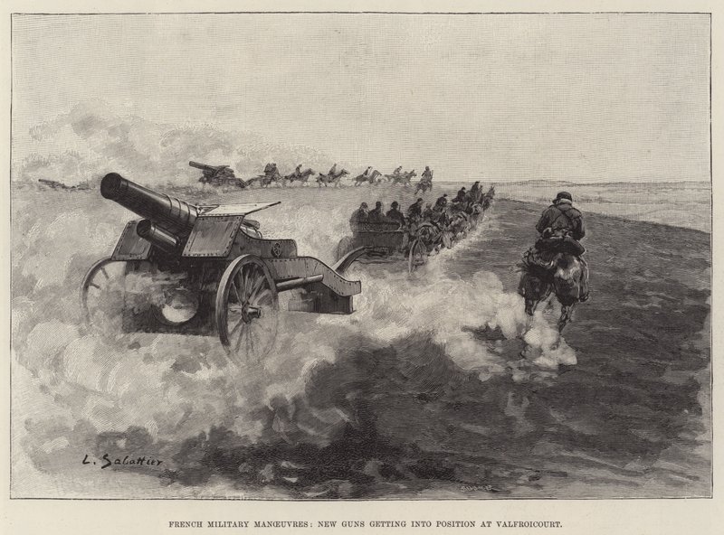 Manœuvres militaires françaises, nouveaux canons se mettant en position à Valfroicourt (gravure) - European School
