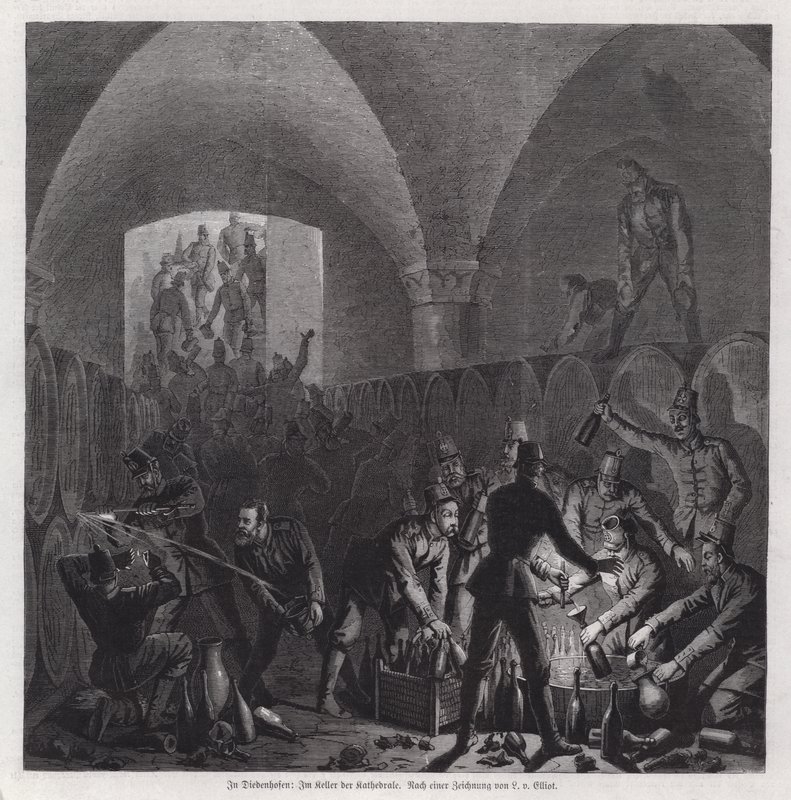 Soldats allemands se servant dans la cave à vin de la cathédrale de Thionville, France, Guerre franco-prussienne - European School
