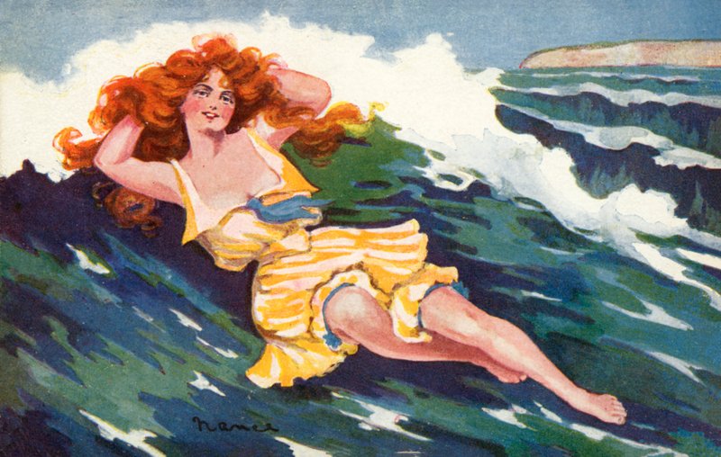 Fille allongée de façon improbable sur une vague (lithographie couleur) - European School