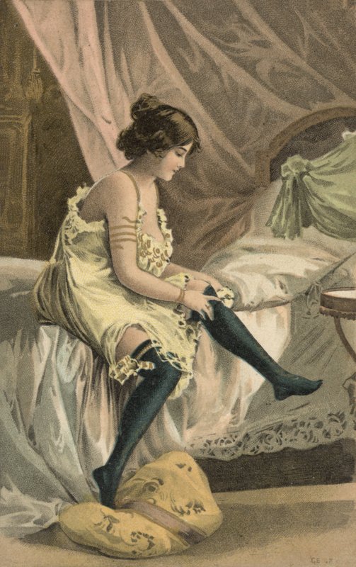 Jeune fille enfilant des bas (lithographie couleur) - European School
