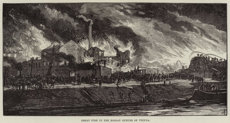 Grand incendie dans la banlieue de Rossau à Vienne (gravure) - European School