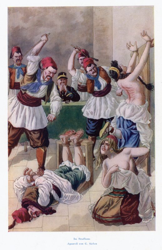 Dans la maison du châtiment : deux femmes et un homme battus (lithographie couleur) - European School