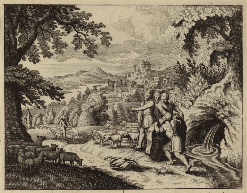 Jacob roulant la pierre de la bouche du puits pour abreuver les moutons de Laban (gravure) - European School