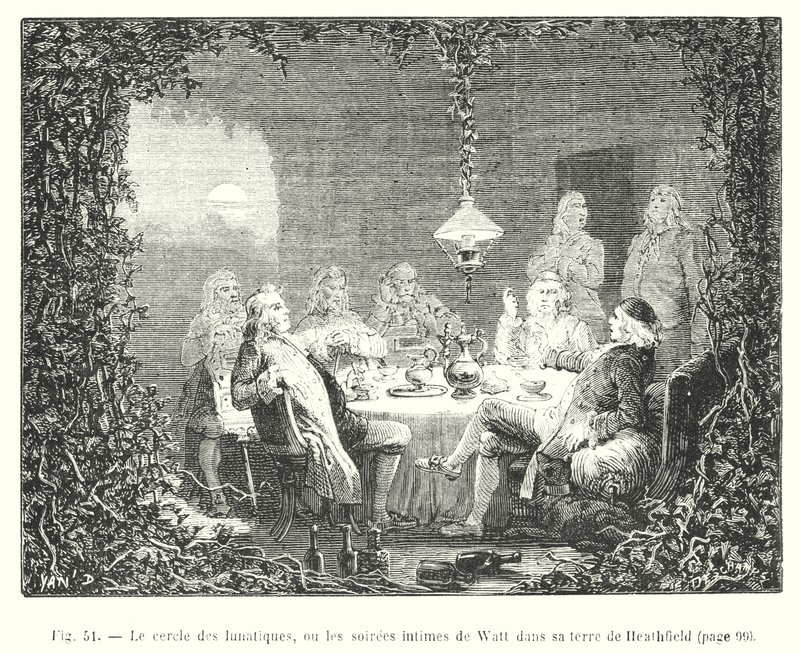 Le cercle des lunatiques, ou les soirées intimes de Watt dans sa terre de Heathfield (gravure) - European School