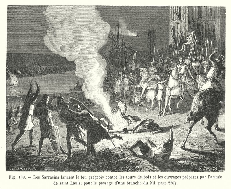 Les Sarrasins lancent le feu grégeois contre les tours de bois et les ouvrages préparés par l