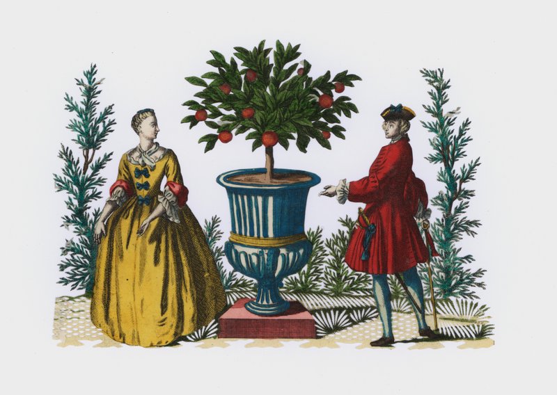 Homme et femme en tenue du XVIIIe siècle dans un jardin - European School