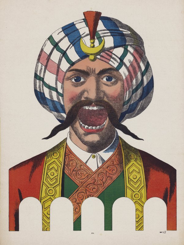 Homme en costume turc avec la bouche grande ouverte (lithographie en couleur) - European School