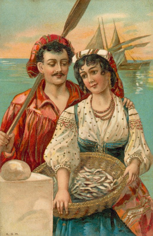 Pêcheur et femme de la Méditerranée (lithographie couleur) - European School