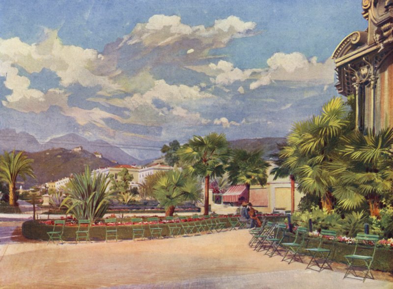 Menton, Le Kiosque de la Musique et le Nouveau Jardin (colour litho) - European School