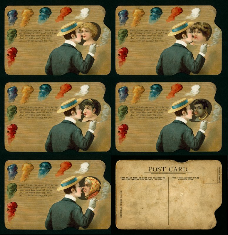 Carte postale humoristique représentant un homme embrassant cinq filles différentes (lithographie couleur) - European School