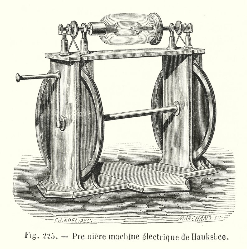 Première machine électrique de Hauksbee (gravure) - European School