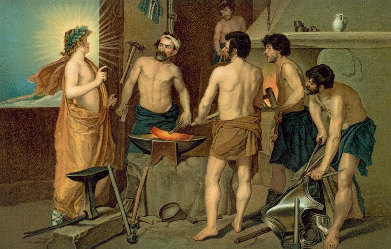 Saint apparaissant aux forgerons dans une forge (chromolitho) - European School