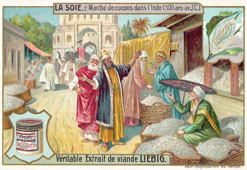 Marché des cocons de soie en Inde, 500 av. J.-C. (chromolithographie) - European School