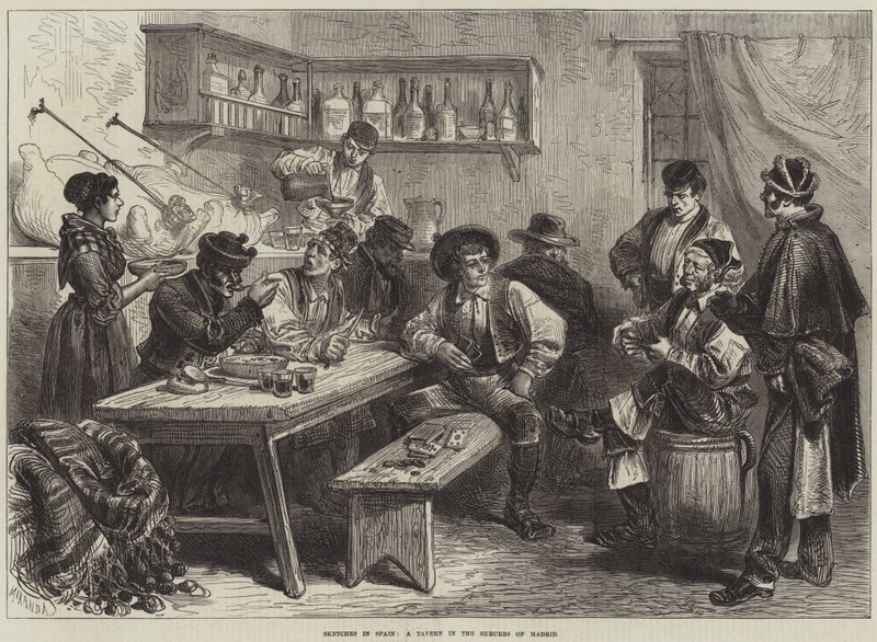 Croquis en Espagne, une taverne dans la banlieue de Madrid (gravure) - European School