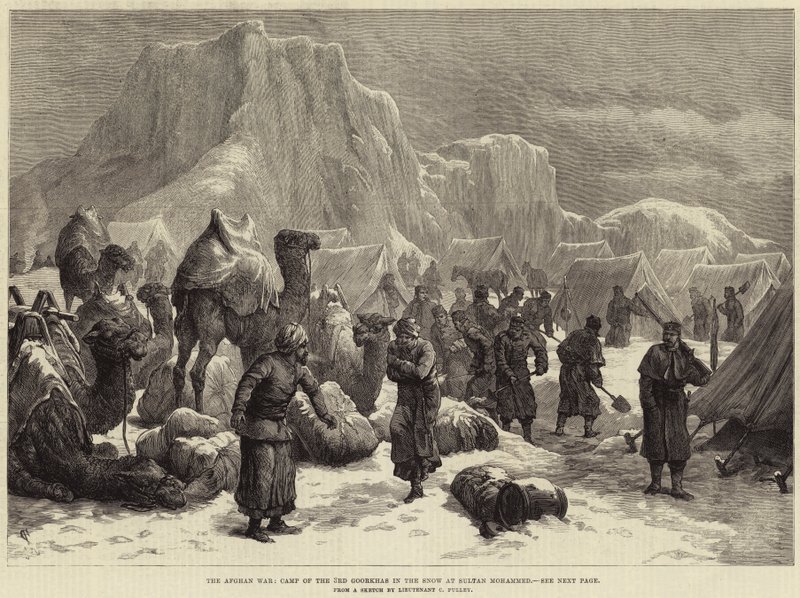 La guerre afghane, camp des 3e Goorkhas dans la neige à Sultan Mohammed (gravure) - European School