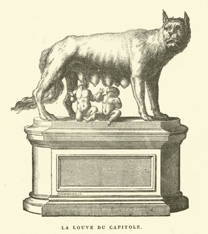 La Louve Capitoline, sculpture en bronze représentant la louve allaitant Romulus et Remus, les fondateurs jumeaux de Rome (gravure) - European School