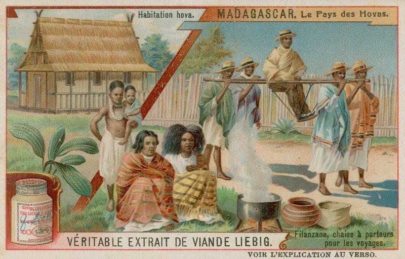 Le pays des Hova : Un village Hova et une chaise à porteurs - European School