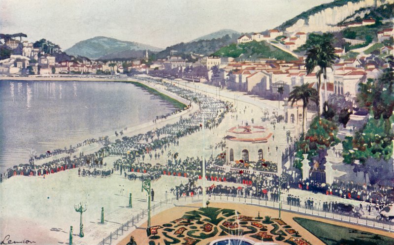 Praia da Lapa et Praca da Gloria, aperçu du défilé militaire du 15 novembre, anniversaire de la fondation de la République du Brésil (lithographie couleur) - European School