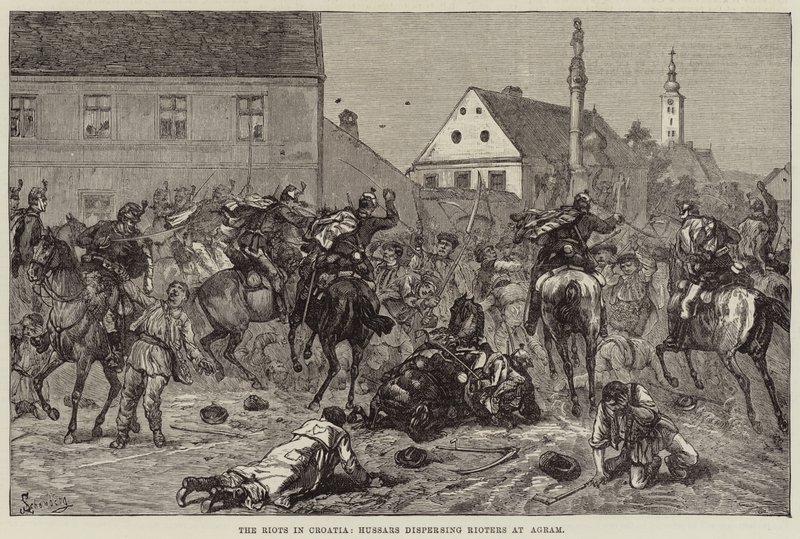 Les émeutes en Croatie, les hussards dispersant les émeutiers à Agram (gravure) - European School