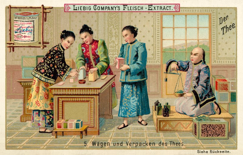 Pesée et emballage du thé (chromolithographie) - European School