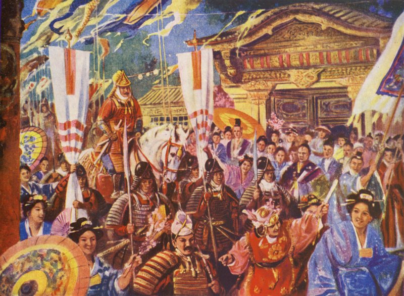 Yoritomo devient Shogun, AD 1192 (lithographie couleur) - European School