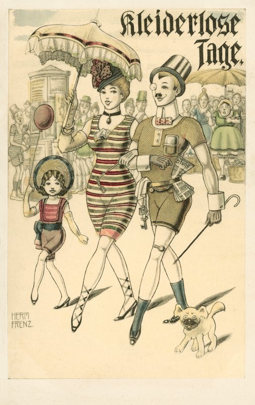 Couple allemand et leur fille en sous-vêtements (lithographie couleur) - F.F.