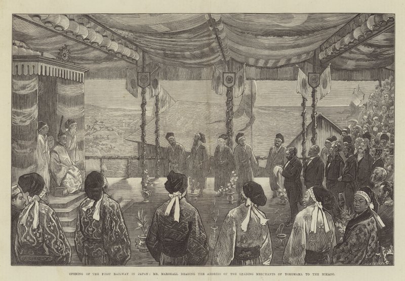 Ouverture du premier chemin de fer au Japon, M. Marshall lisant l